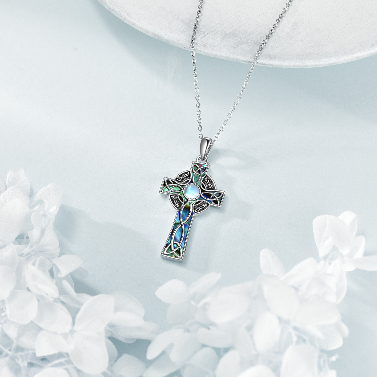 Abalone Celtic Knot Cross Necklace 925 Silver
